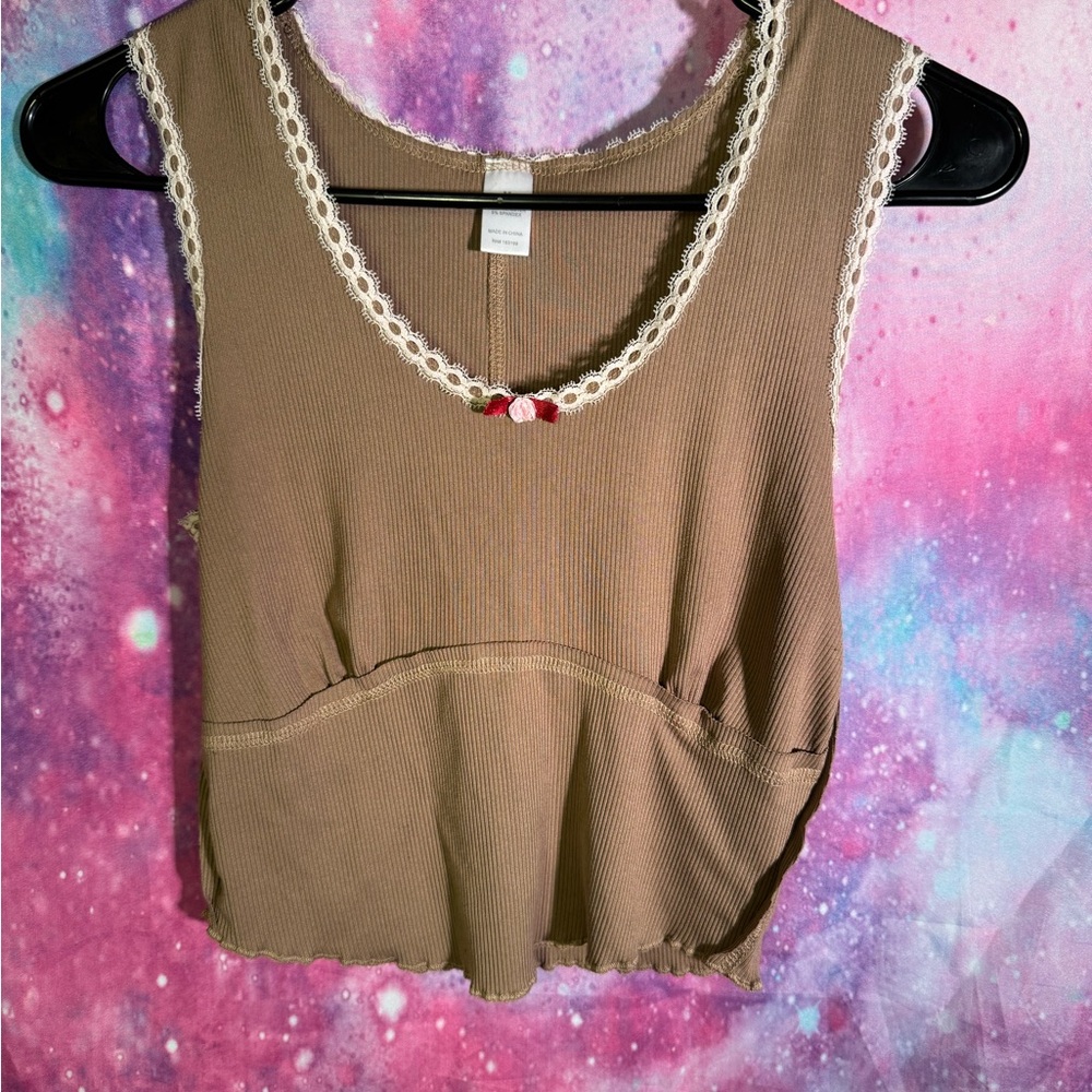 Women's Tan Sleeveless Top with Lace Trim